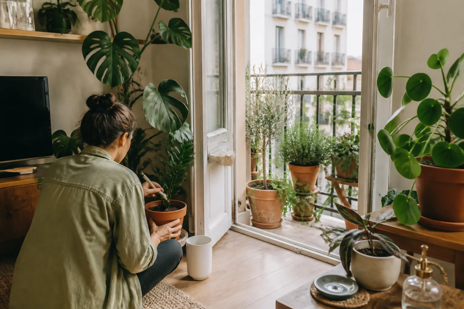 Persona revisando las plantas de un salón que da a un pequeño balcón con macetas
