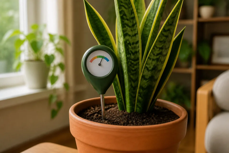 Ilustración propia de un medidor ficticio de humedad junto a una sansevieria