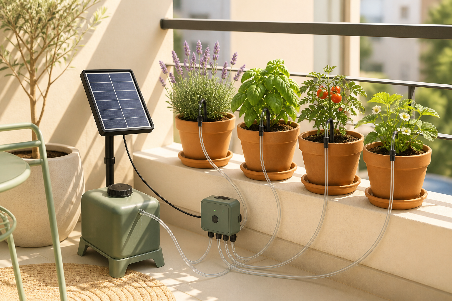 Ilustración propia de un kit ficticio de riego solar con panel, depósito y goteros